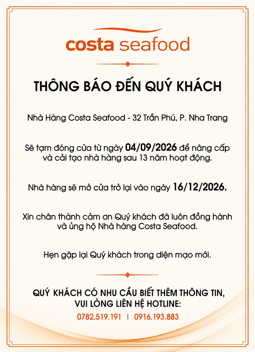 Thông báo tạm đóng cửa Nhà hàng Costa Seafood để nâng cấp và cải tạo