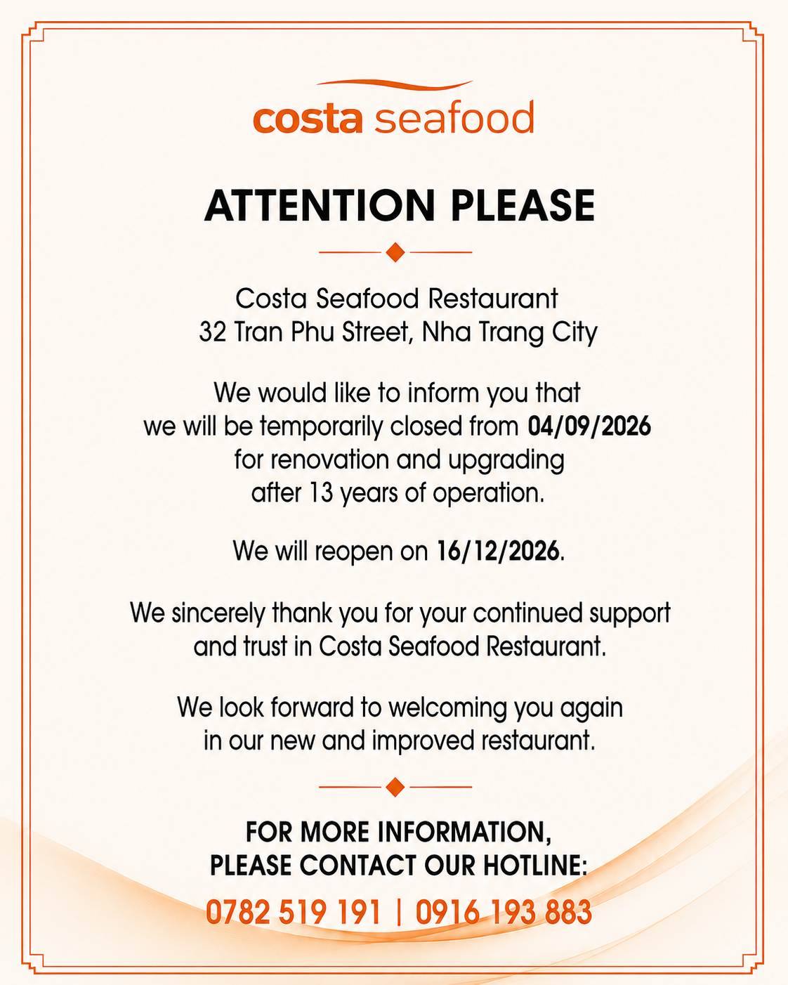 Notice of Temporary Closure for Renovation | Costa Seafood